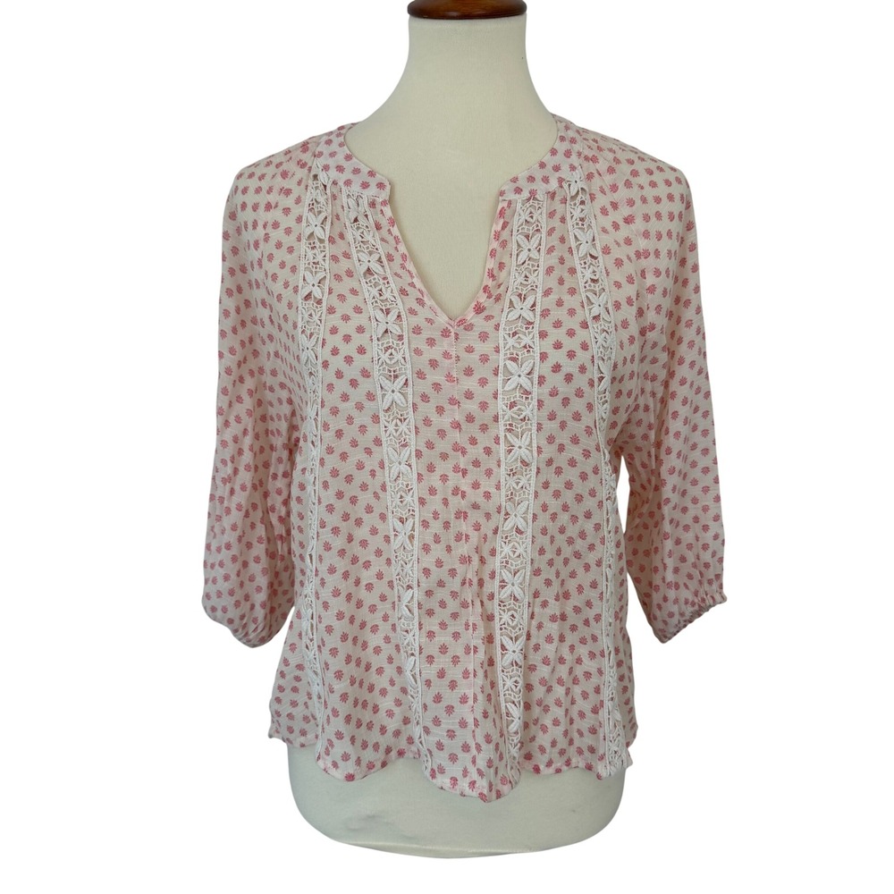 Living Doll Pink Floral Crochet Lace Peasant Blouse 3/4 Sleeve Small Cottagecore